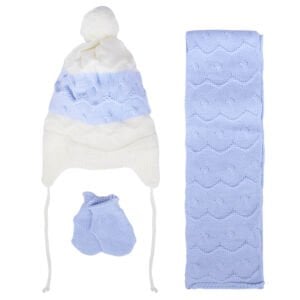 Erkek Bebek Mavi Beyaz Dalga Desenli Triko Atkı Bere Set