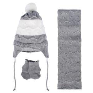 Unisex Gri Beyaz Dalga Desenli Triko Atkı Bere Set