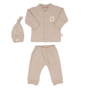 Unisex Bej Fitilli Düğümlü Bereli Little me Kendinden Eldivenli 3'lü Takım