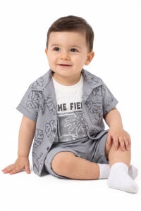 Erkek Bebek Gri Beyaz Yaprak Desenli Gömlekli Şortlu Müslin 3'lü Takım