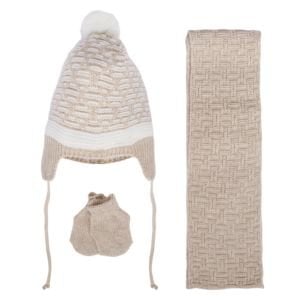 Unisex Kahve Beyaz Karışık Çizgi Desenli Triko Atkı Bere Set