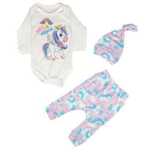 Kız Bebek Beyaz Pembe Unicorn Desenli Zıbın 3'lü Takım