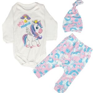 Kız Bebek Beyaz Pembe Unicorn Desenli Zıbın 3'lü Takım