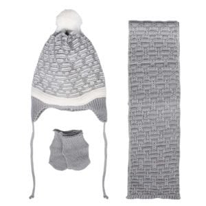 Unisex Gri Beyaz Karışık Çizgi Desenli Triko Atkı Bere Set