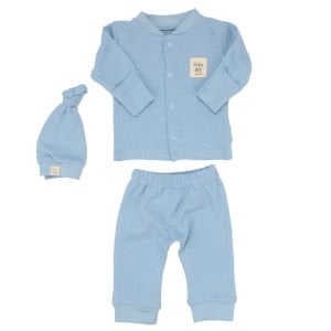 Unisex Mavi Fitilli Düğümlü Bereli Little me Kendinden Eldivenli 3'lü Takım