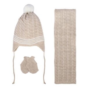 Unisex Kahve Beyaz Saç Örgü Desenli Triko Atkı Bere Set