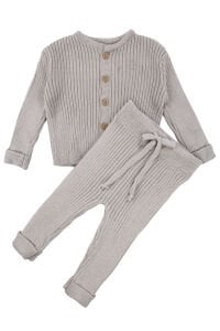 Unisex Gri Düğmeli Hırkalı 2'li Lüks Triko Takım
