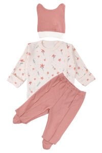 Kız Bebek Ekru Pembe Çiçek Desenli Çıtçıtlı Bereli 3'lü Takım 0-3 Ay