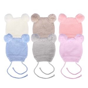 Unisex Gri Ponponlu İpli Triko Bere 0-6 Ay