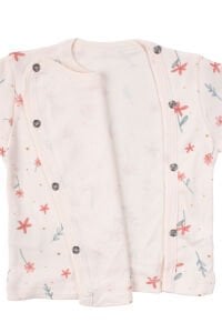 Kız Bebek Ekru Pembe Çiçek Desenli Çıtçıtlı Bereli 3'lü Takım 0-3 Ay