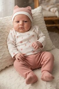 Kız Bebek Ekru Pembe Çiçek Desenli Çıtçıtlı Bereli 3'lü Takım 0-3 Ay