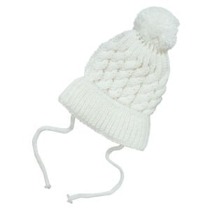 Unisex Ekru Saç Örgülü Ponponlu İpli Triko Bere 0-6 Ay