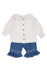 Kız Bebek Ekru Müslin Gömlekli Mavi Fırfırlı Pantolonlu 2'li Lüks Takım