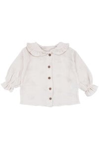 Kız Bebek Ekru Müslin Gömlekli Mavi Fırfırlı Pantolonlu 2'li Lüks Takım