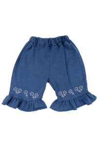 Kız Bebek Ekru Müslin Gömlekli Mavi Fırfırlı Pantolonlu 2'li Lüks Takım