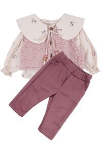 Kız Bebek Ekru Pembe Peluş Yelekli Müslin Gömlekli 3'lü Lüks Takım