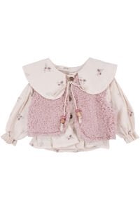 Kız Bebek Ekru Pembe Peluş Yelekli Müslin Gömlekli 3'lü Lüks Takım