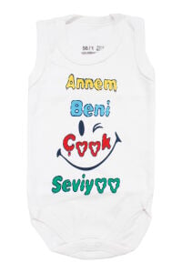 Unisex Beyaz Annem Beni Çok Seviyor Yazılı Askılı Zıbın