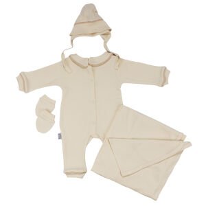 Unisex Ekru Bej Biyeli Bereli Tulum Battaniye Dört Parça Set 0-3 Ay