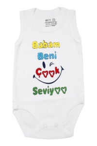 Unisex Beyaz Babam Beni Çok Seviyor Yazılı Askılı Zıbın