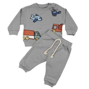 Erkek Bebek Gri Uçak Kamyon Baskılı 2'li Takım