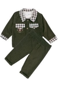 Erkek Bebek Ekru Yeşil Ekose Desenli Şönil Ceketli 3'lü Takım