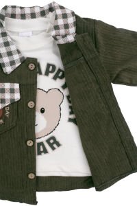 Erkek Bebek Ekru Yeşil Ekose Desenli Şönil Ceketli 3'lü Takım