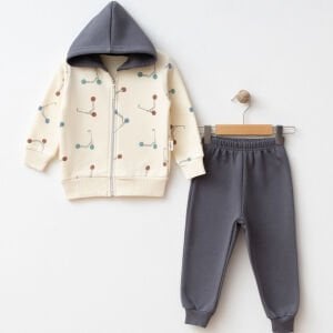 Erkek Çocuk Ekru Gri Renkli Scooter Baskılı Kapşonlu Hırkalı 2'li Takım