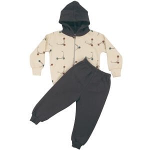 Erkek Çocuk Ekru Gri Renkli Scooter Baskılı Kapşonlu Hırkalı 2'li Takım