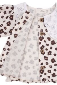 Kız Bebek Ekru Bordo Çiçek Desenli Şort Etekli 3'lü Lüks Takım