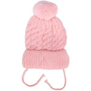 Kız Bebek Somon Saç Örgülü Ponponlu İpli Triko Bere 0-6 Ay