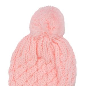 Kız Bebek Somon Saç Örgülü Ponponlu İpli Triko Bere 0-6 Ay