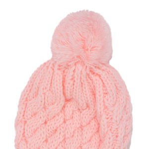 Kız Bebek Somon Saç Örgülü Ponponlu İpli Triko Bere 0-6 Ay