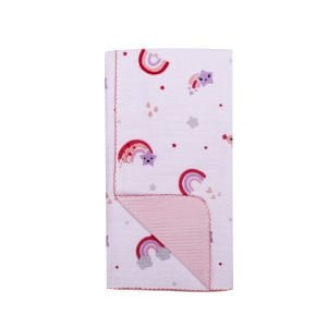 Kız Bebek Pembe Biyeli Gökkuşağı Desenli Pikeli Müslin Battaniye 80x90