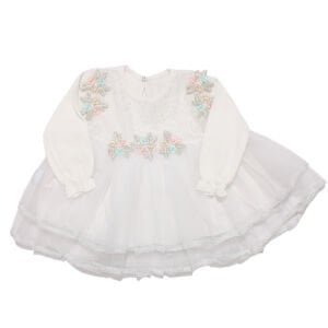 Kız Bebek Beyaz Tüllü Renkli Çiçekli Elbise