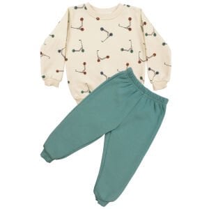 Erkek Çocuk Ekru Yeşil Renkli Scooter Baskılı Üç İp  2'li Takım