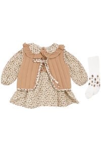 Kız Bebek Ekru Turuncu Kapitone Yelekli Çiçek Desenli Yakalı Lüks 3'lü Elbise Takım