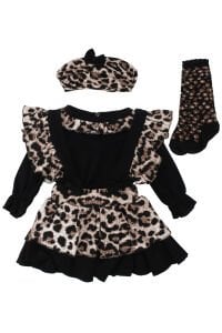 Kız Bebek Siyah Kahve Leopar Desenli Zıbınlı Salopet 4'lü Takım