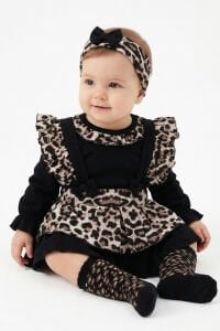 Kız Bebek Siyah Kahve Leopar Desenli Zıbınlı Salopet 4'lü Takım