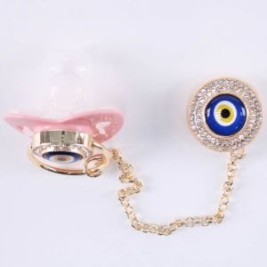 Pembe Gold Nazar Boncuklu Taşlı Zincirli Emzik