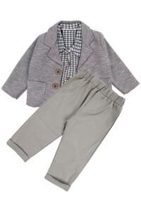 Erkek Bebek Gri Ekose Gömlekli Çizgili Ceketli 3'lü Lüks Takım