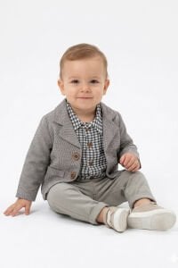Erkek Bebek Gri Ekose Gömlekli Çizgili Ceketli 3'lü Lüks Takım