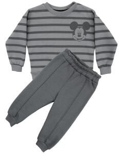 Erkek Çocuk Gri Çizgili Fare Baskılı 2'li Takım