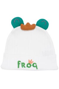 Erkek Bebek Beyaz Yeşil Froq Nakışlı Kulaklı Bere 0-12 Ay