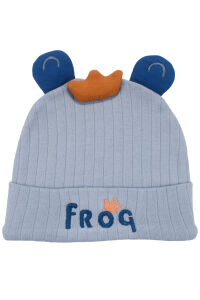 Erkek Bebek Mavi Froq Nakışlı Kulaklı Bere 0-12 Ay