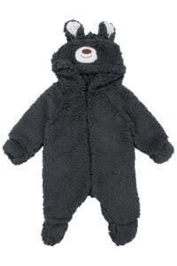 Unisex Füme Ayı Nakışlı Kapşonlu Peluş Tulum