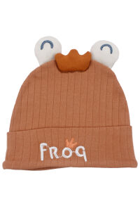 Erkek Bebek Kiremit Beyaz Frog Nakışlı Kulaklı Bere 0-12 Ay