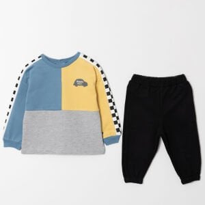 Erkek Bebek Mavi Sarı Araba Armalı 2'li Takım