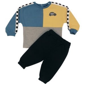 Erkek Bebek Mavi Sarı Araba Armalı 2'li Takım