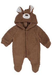 Unisex Kahve Ayı Nakışlı Kapşonlu Peluş Tulum